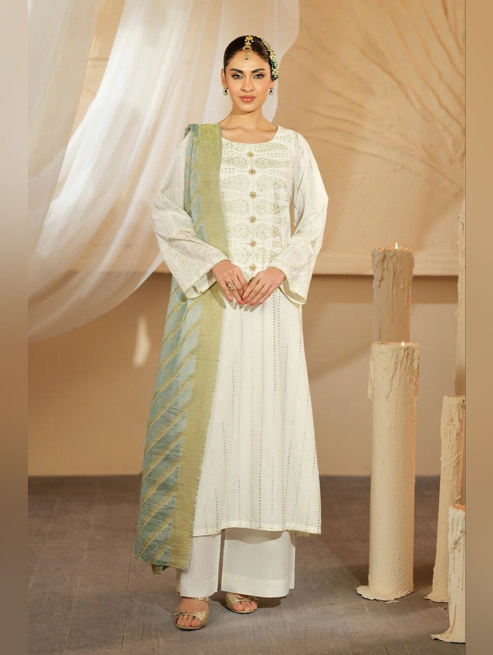 Heeras Official Ivory 3-Piece Suit XL, Pistachio Shawl, Brand New